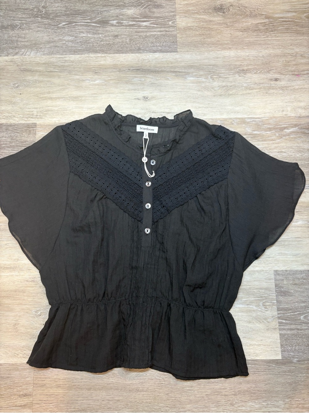 NWOT Heartloom Jacque Top Black Eyelet Lace Ruffle Blouse Size L